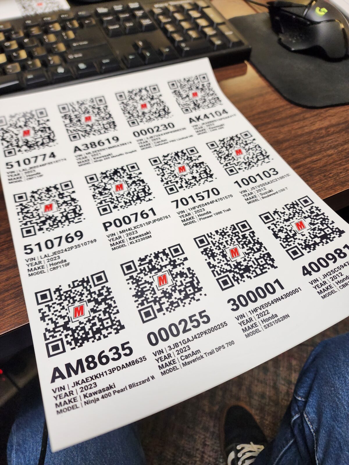 A batch of QR Codes for a Motorcycle dealer printed on some vinyl